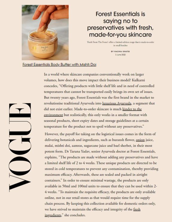 Vogue features Forest Essentials Body Butter with Mishti Doi