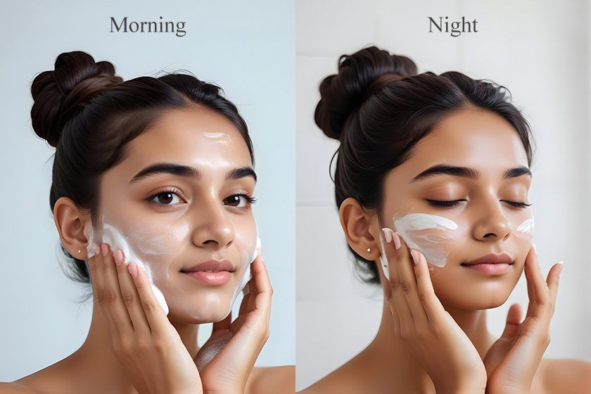 Morning vs night shots of a woman doing her skincare